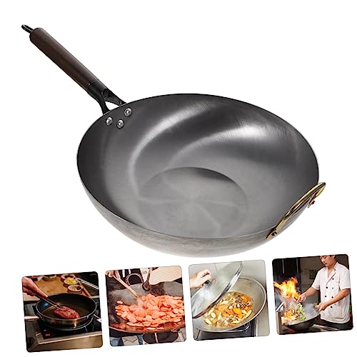 Wok de hierro con fondo plano y mango de madera miniatura 5