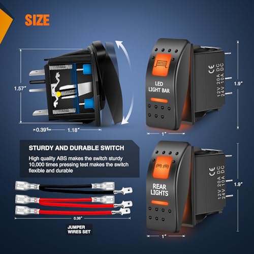 Image of Nilight 2 Pack UTV Rocker Switch with Orange Backlit On Off 5 PIN | SPST Led Light Bar Rear Lights Switches Toggle 12V 24V Jumper Wires Set for ARZR Can-Am TVs UTVs Cars Trucks RVs