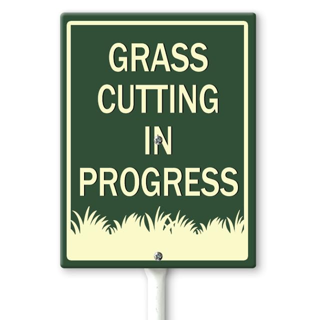 Horienteeon Grass Cutting In Progress Yard Sign with Stakes 11.5×15cm, Sturdy Aluminum Yard Signs Rust Free, Keep Off The Grass Yard Sign, Stay Off Grass LawnSigns, Easy to Install
