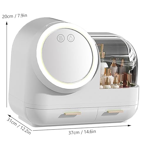 Miniatura 4 de HURRISE Estuche de maquillaje con ventilador de espejo, organizador de maquillaje portátil con espejo y luz LED, vitrina de almacenamiento de
