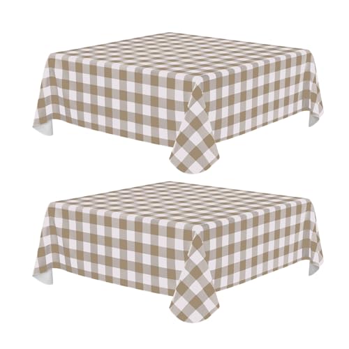 Image of misaya 2 Pack Waterproof Vinyl Table Cloth, Buffalo Flannel Backed Tablecloth, Wipeable Plastic Table Cover for Dinner, Kitchen, Outdoor (54 inch x 54 inch, Khaki and White)