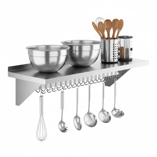 Glownary Stainless Steel Wall-Mounted Pot Rack with Shelf, Silver, 48