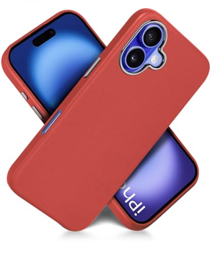 Image of WOW IMAGINE Back Cover for iPhone 16 | Shockproof Tough Leather Texture Hard Mobile Case | Ultra Slim Non-Slip Grip | Inner Velvet Fabric | Metal Camera Ring - Crimson Red