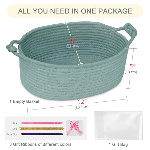 Image of COMSE Small Gift Basket Empty with Bag & Ribbons, Solid Light Green