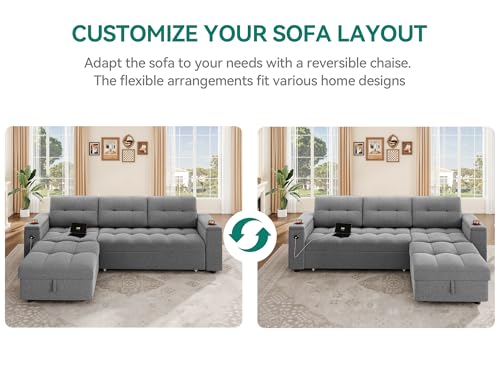 DWVO L-Shaped Sectional Sofa with USB & Chaise, 4-seat Fabric Convertible Couch Bed w/Pull Out Bed & Storage, Reversible Sleeper Sofa for Living Room, Light Gray