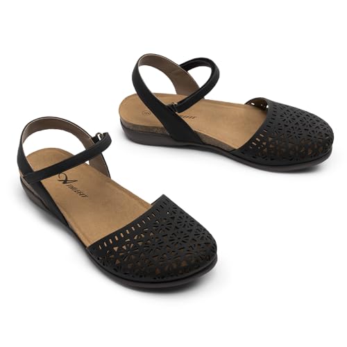 Image of Athlefit Women's Closed Toe Sandals Comfort Cork Footbed Arch Support Flat Sandals