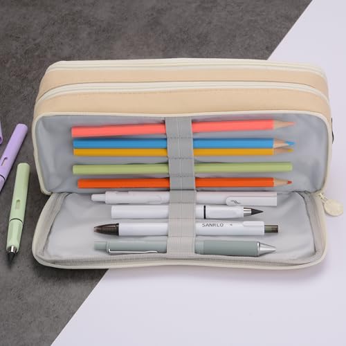 Image of Large Capacity Special Aesthetic Pencil Case Organizer with 3 Compartments, Big Preppy School Pencil Pouch Bag for Girls Women Adults, Pencil Holder Pen Pouch Cases (Khaki)