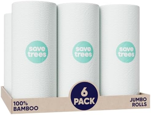 Save Trees Bamboo Paper Towels 6pk - 750 Sheets Paper Towels Rolls Ultra Absorbent & Durable Eco-Friendly - FSC-Certified, totally Plastic-Free, and Vegan