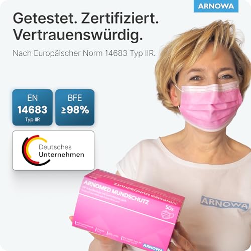 ARNOMED 50x Medizinische Mundschutzmaske Pink, CE Zertifizierte Op Maske, Medical Face Mask, Schutzmaske Mund & Nase, Einwegmasken, Chirugischer Mundschutz, Klinische Gesichtsmasken