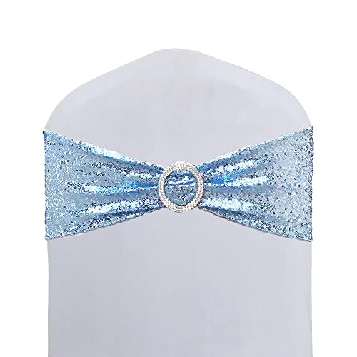 SheYang High Elastic Sequin Chair Sashes Bling Bling Chair Sashes with Buckle Soft Strecth Sequin Material Shining Sequin Chair Bows for Party Decoration Home (Light Blue, 10)