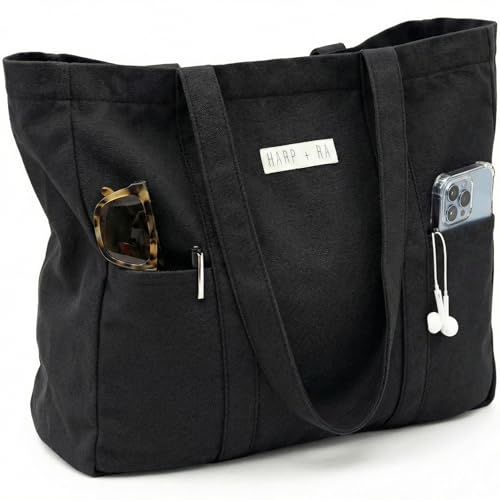 Harp + Ra Extra Large Unscructured Canvas Tote Bag for Women - Open Top, Everyday Carry, Pockets - no zipper - Gift for Women (Raven Black)