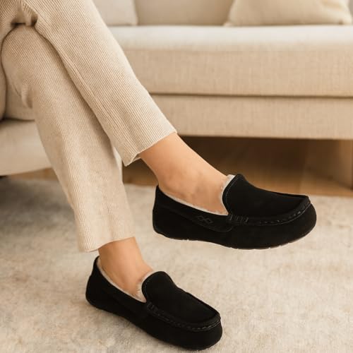 Image of Project Cloud 100% Genuine Leather Slippers for Women - Fur Lined Outdoor Slippers for Women Footwear with Memory Foam - Stylish Womens Moccasin (Cathi)