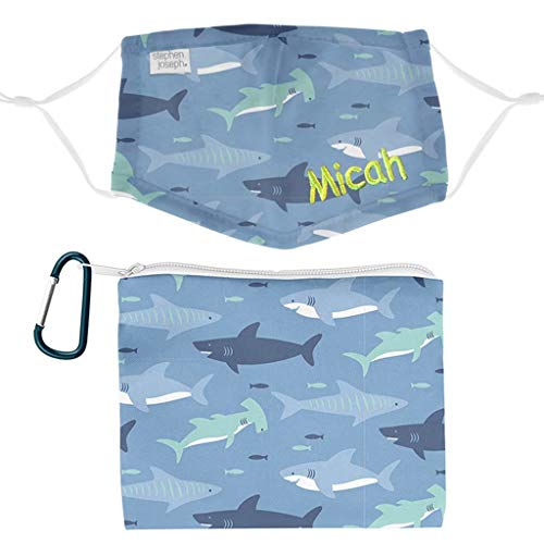 Personalized Kids Face Mask (Kids Face Mask Bundle - Includes Mask, Zipper Pouch, and Carabiner Clip - Shark)