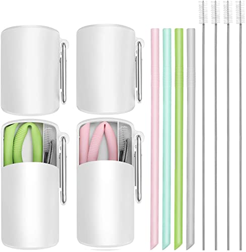 Reusable Straws with Case 4 Packs Reusable Straws Silicone Straws with Case BPA Free Reusable Straws Drinking Silicone for Cold or Hot Travel Straws with Case and Cleaning Brush (Pink&Blue&Grey&Green)