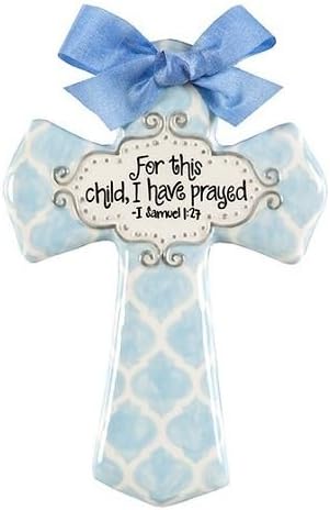 Sue Berk Designs 'for This Child I Have Prayed' Blue Quatrefoil 8" Wall Cross for Baby or Child's Room