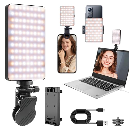 Anluomafuy Luce Selfie per Telefono con Clip, Flash Luce per Telefono Ricaricabile Portatile, 3000-9900K, 3 Modalità, 5 Livelli Luce, CRI 80+, 72 LED, per iPhone, iPad, Laptop, Fotocamera