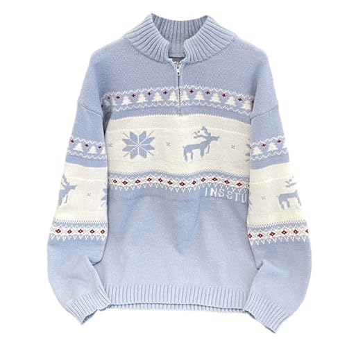 Vhersily Suéter navideño para hombre con cuello redondo, suéteres navideños clásicos de punto con patrón de copo de nieve y renos navideños para baile, boda regalo Navidad, azul claro, XL