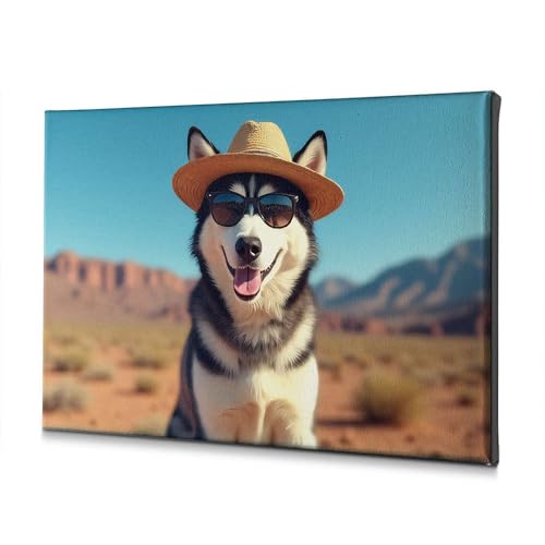 Déco murale Husky pour salle de bain : toile désert humoristique 30x40cm