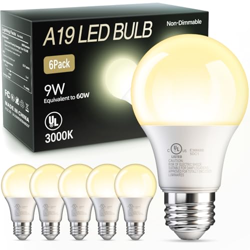 Image of TJOY 6 Pack A19 LED Light Bulbs, Warm White 3000K, 60 Watt Eq, E26 Base | Efficient 9W, Standard Light Bulb for Lamps, Energy Saving Lightbulb, Non Dimmable, 800LM, 80 CRI, 120V, UL Listed