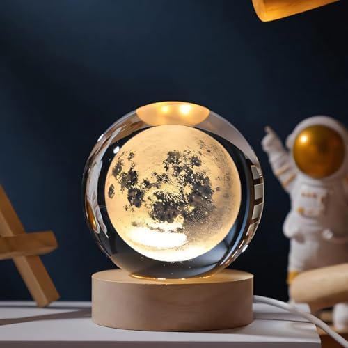 Image of 3D Crystal Ball Night Light with Wooden Base, Aesthetic Clear LED Lamp for Home and Bedroom Touch Switch, Warm Light for Kids and Teens Perfect Birthday & Anniversary (Crystal Moon Lamp)