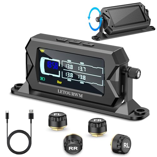 Tire Pressure Monitoring System for RV Truck Trailer, 4 Sensors TPMS, 0-15 Bar/217 PSI, 3-Level Bright LCD with Time Display, Type-C & Solar Charging, 7 Smart Alerts for RV/Trailer/Truck IP68