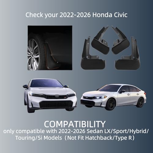 Image of No Drill Mud Flaps Compatible with Honda Civic Sedan 11th Gen 2022-2026,OEM-Style Black Mud Guards, Not Fit Hatchback /Type R