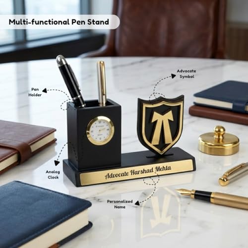 Image of Giftana Personalized Advocate Pen Stand with Name & Clock | Wooden Desk Organizer with Advocate Emblem | Customized Pencil Holder for Lawyers | Office Desk Decor | Birthday Gift for Advocate