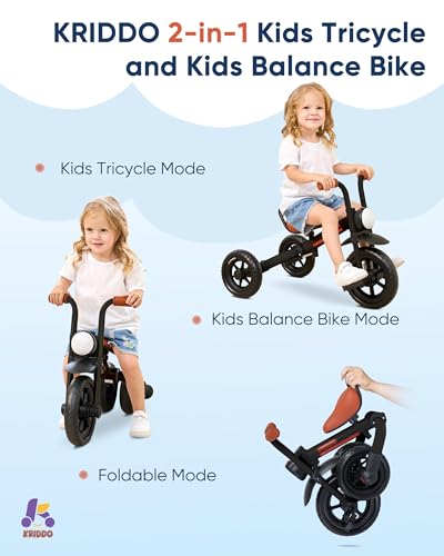 Image of KRIDDO 2-in-1 Kids Balance Bike and Kids Tricycle for 2 to 5 Year Old, Toddler Balance Bike with Detachable Pedals, Tricycles for 3-5 Year Olds with Stitched Soft Grip, Black