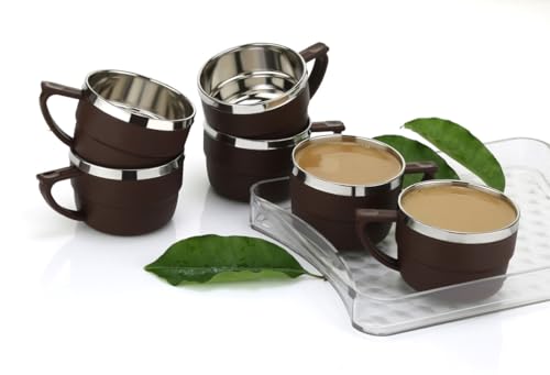 Image of HAPPI Tea Cups Set Coffee Mug Insulated Stainless Steel Inner Stylist Double Wall Cup for Home Office Restaurant Use Tea Mugs Set of 6 (Brown)