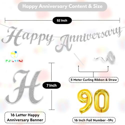 Image of Flyloons 90th Happy Anniversary Banner Silver Decorations Kit for Men Women Wedding Anniversary Banner Items without Balloons