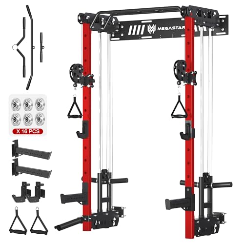 MEGASTAR FITNESS Power Cage, Squat Rack Home Gym, 2000LBs Capacity Wall Mounted Power Rack with Dual Crossover System, Includes 16 attachments for Home Gym