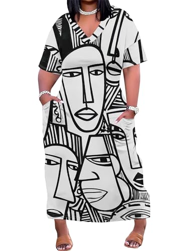 Image of Plus Size Maxi Dress for Women Short Sleeve V Neck Casual Loose Sundress with Pockets