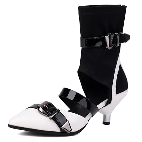Gicoiz Women Pointed Toe Low Kitten Heels Mid Calf Boots Sandals