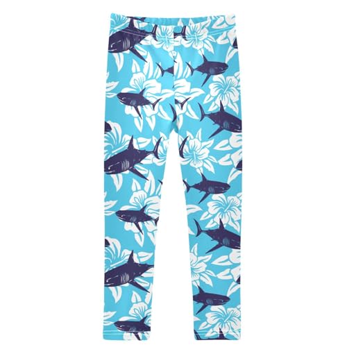 Girls' Leggings Shark Navy Tropical Flower Ankle Length Printed Leggings Comfort Pants for Kids 4-10 Years