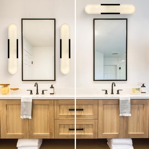 Image of Alabaster Wall Sconces Set of 2,19.7'' Brass Wall Sconce Natural Marble Wall Sconce for Bathroom, Indoor Modern Wall Light Fixtures for Living Room Hallway Stairs Vanity Bedside, Black