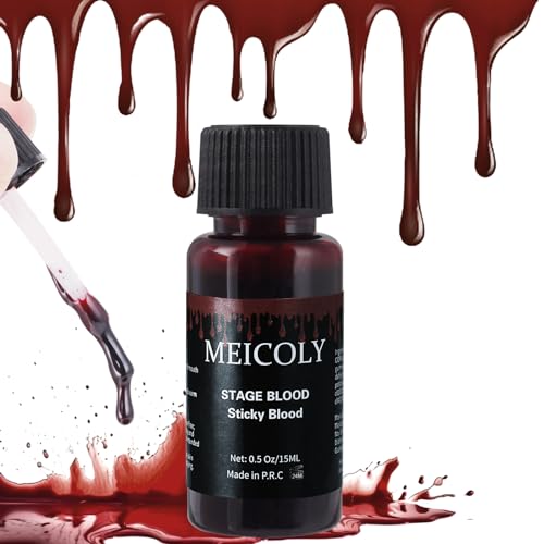 MEICOLY Fake Blood Washable,Edible Stage Blood,0.5 oz Realistic Drips Sticky Fake Blood with Brush,Safe for Mouth,Nosebleed,Halloween,Cosplay,Fake Wound Cut Bites Scar SFX Makeup Special Effects,Dark