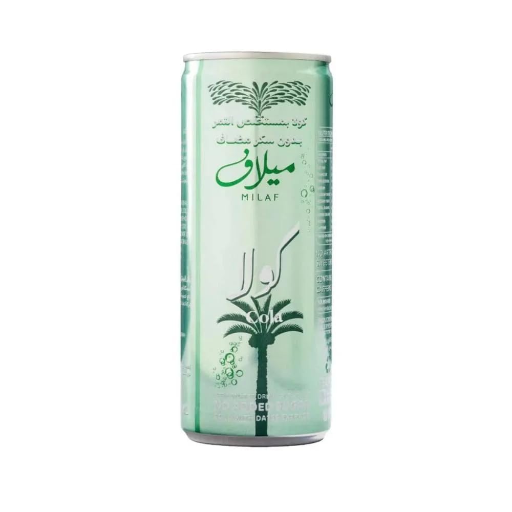 Milaf Cola Carbonated Drink No Added Sugar with Dates Extract, 8.12 fl oz ℮ 240 ml مشروب مغلي بالكولا بدون سكر مضاف مع مستخلص التمر Cola 240 ml