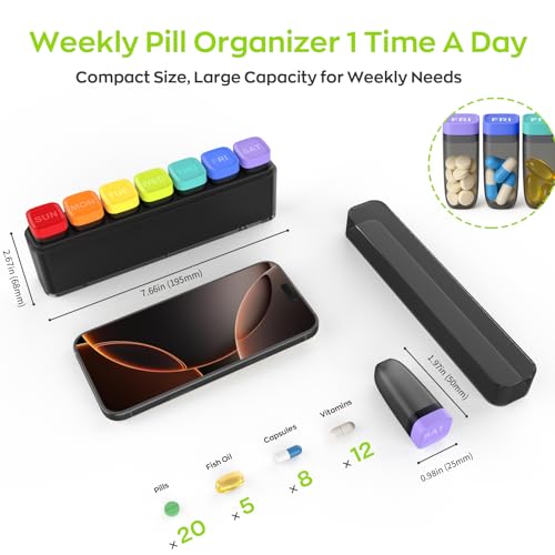 Image of HIONXMGA Color-Coded Weekly Pill Organizer Once Daily, Detachable 7 Day Travel Pill Box with Upgraded Sealing Lids, Large Portable Pill Case for Medication, Vitamins, Supplements & Fish Oils, Black