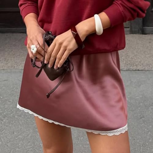 Cute Bow Lace Trim Satin Mini Skirt High Waist Casual Skirts for Women Trendy Summer Bottoms2