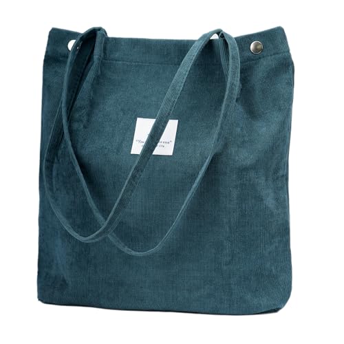 Corduroy Tote Bag Cute Tote Bags for Women Shoulder Bag with Inner Pocket for Work Beach Travel and Shopping Grocery (Blue-green)