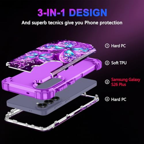 Casetego for Galaxy S26 Plus Case,Glow in The Dark Three Layer Heavy Duty Sturdy Shockproof Full Protection Rugged Hard PC+Soft TPU Bumper Case for Samsung Galaxy S26 Plus 5G 6.7 inch,Dull Purple - image 4