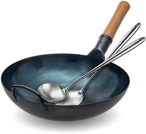 YOSUKATA Flat Bottom Wok Pan - 13.5" Blue Carbon Steel Wok + 17’’ Spatula and Ladle - Set of 2 Heat-Resistant Tools + Wok Lid 12.8 Inch - Thumbnail 5