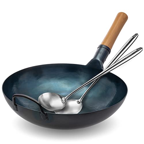 YOSUKATA Wok Padella Professionale 34 cm - Tradizionale Wok Acciaio al Carbonio Blu Fondo Piatto Precondizionato + Spatola e Mestolo Cucina per Wok 43 cm