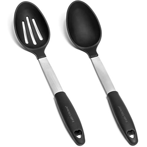 Daily Kitchen Cooking Spoons Set Heat Resistant Silicone and Stainless Steel Metal - Best Serving Spoon with Rubber Grip - Flexible Silicone Spoon for Non Stick Cookware – Spoons for Cooking – 2-Set