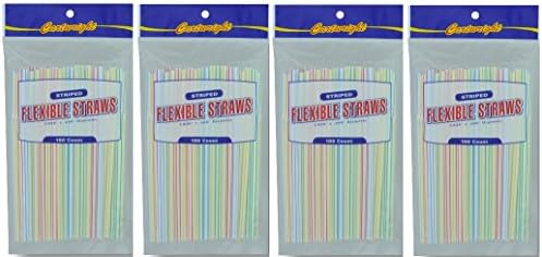Cartwright Disposable Flexible Drinking Straws - 7.625 x 2.45 - Striped Assorted Colors 100ct (4-Pack)