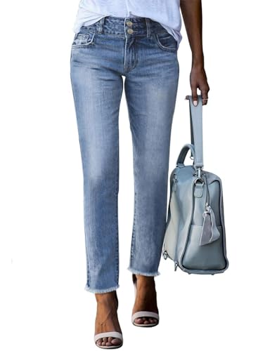 Sidefeel Women's High Waisted Jeans Strechy Tummy Control Jeans Wide Leg Zimbaplatinum Raw Hem Denim Pants Sky Blue Size 6