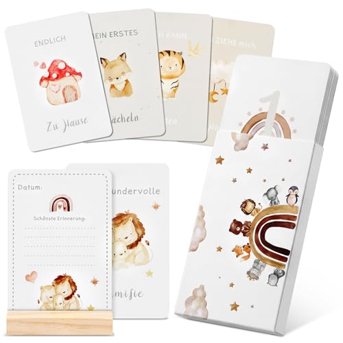 ITClosud Tarjetas Cumple Mes Bebé “Mis Primeras Veces”, 50 Tarjetas Logros Bebé para Fotos y Recuerdos, Recuerdos Primer Año y Momentos Especiales con Caja Premium de Regalo