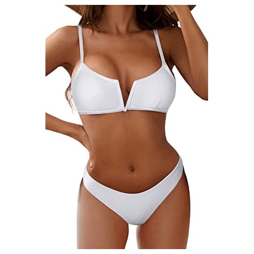 ZAFUL Women's V-Wire Padded Ribbed High Cut Cami Bikini Set Two Piece Swimsuit (White, S)