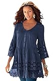 Roaman's Women's Plus Size Lace Illusion Blouse - 26 W, Navy