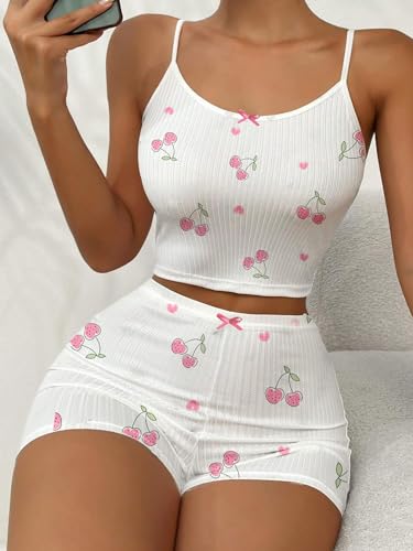 Image of Hilinker Womens Graphic 2 Piece Pajama Set Summer Cute Crop Cami and Shorts Ribbed Lounge Sets